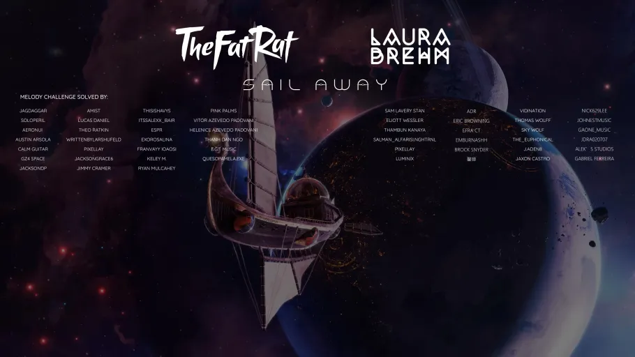 End of TheFatRat's Sail Away video with a list of people who solved the melody challenge, Theo Ratkin among them.