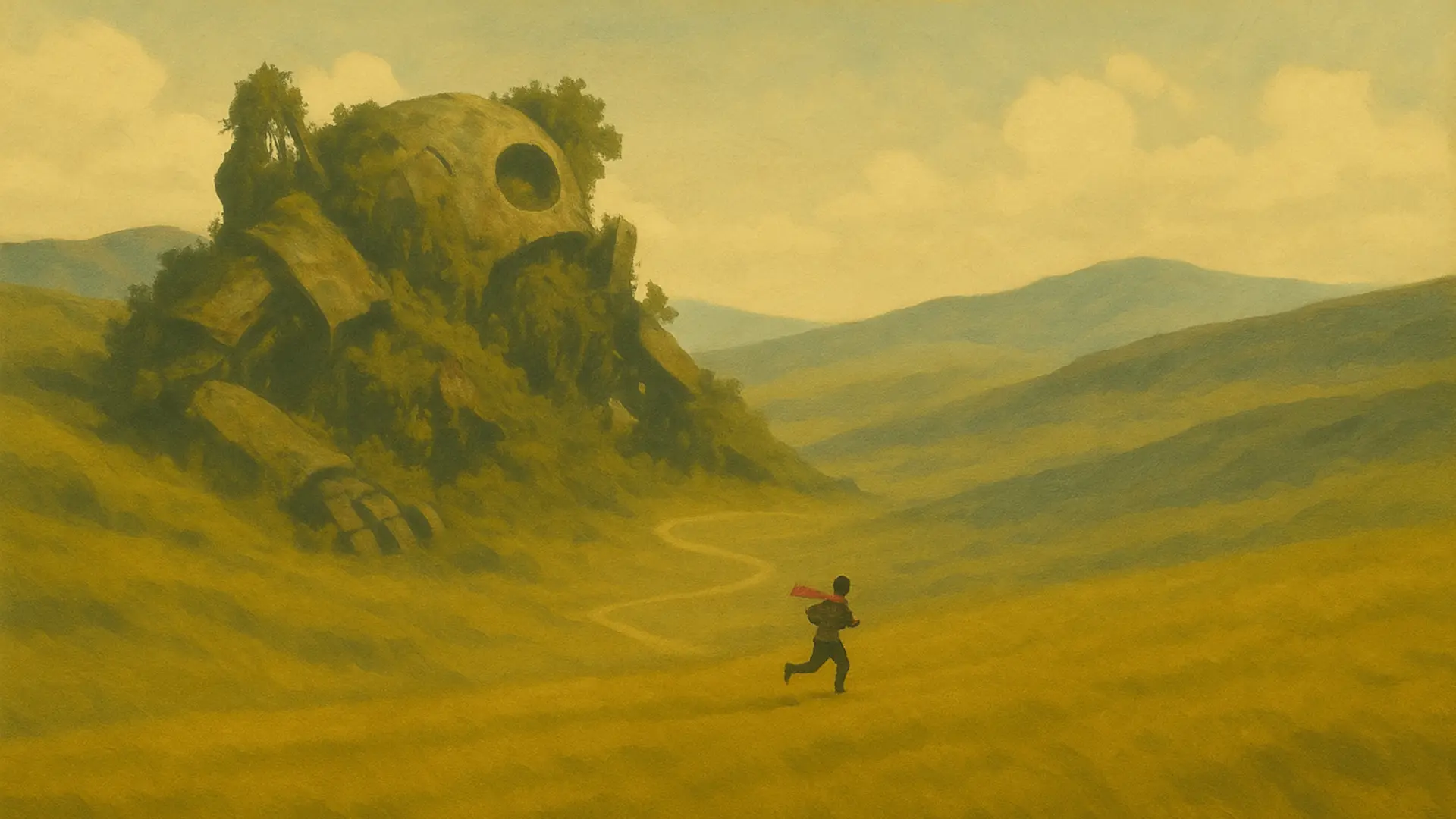 A boy running through a golden field, a giant overgrown, dormat machine in distance.