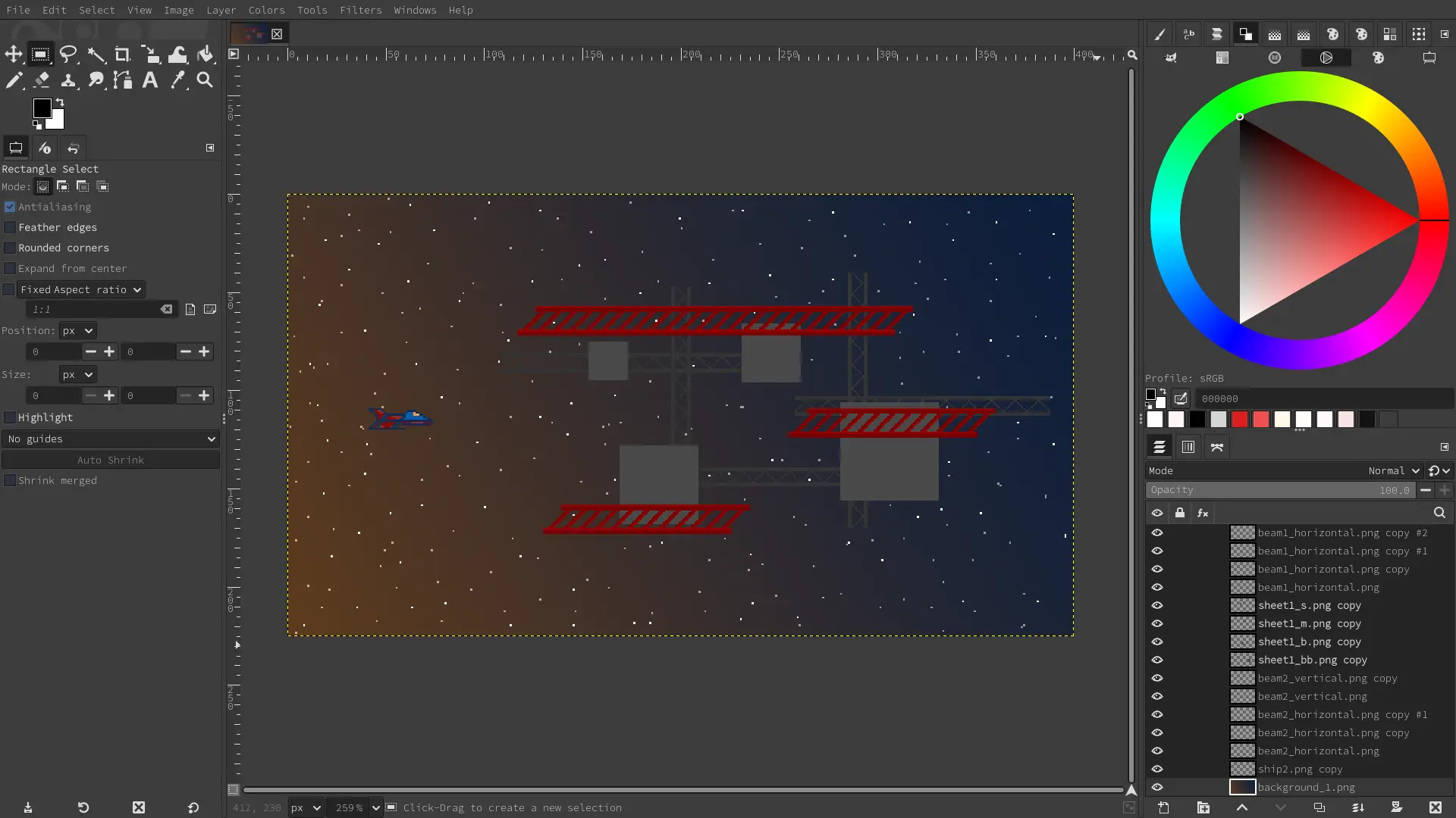 An image editor showing pixel art with a red spaceship, red construction beams, smaller gray construction beams with gray squares in the behind, as well as gradient space background