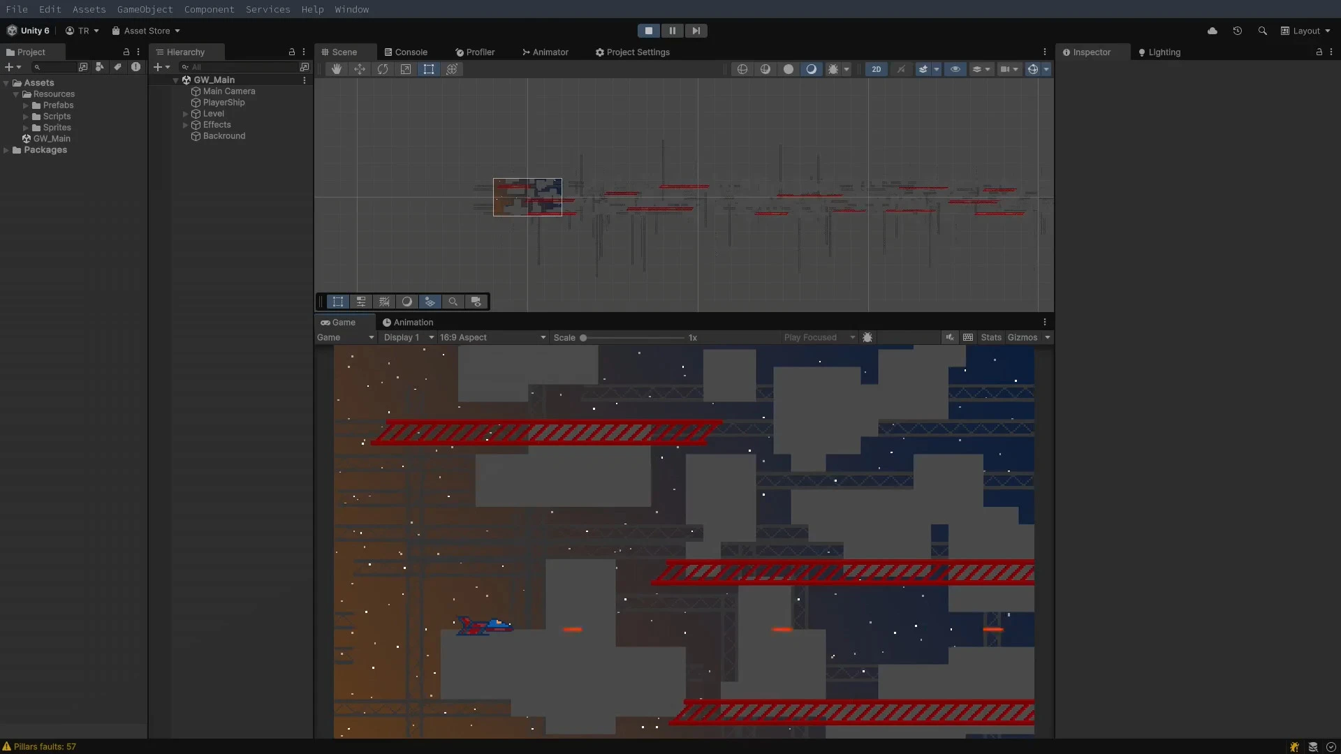 Red spaceship flying through the generated levels and shooting orange plasma bullets