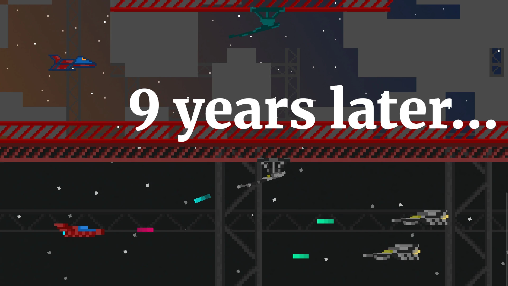 A pixelated red ship flies through red beams avoiding plasma bullets from enemy turrets and ships