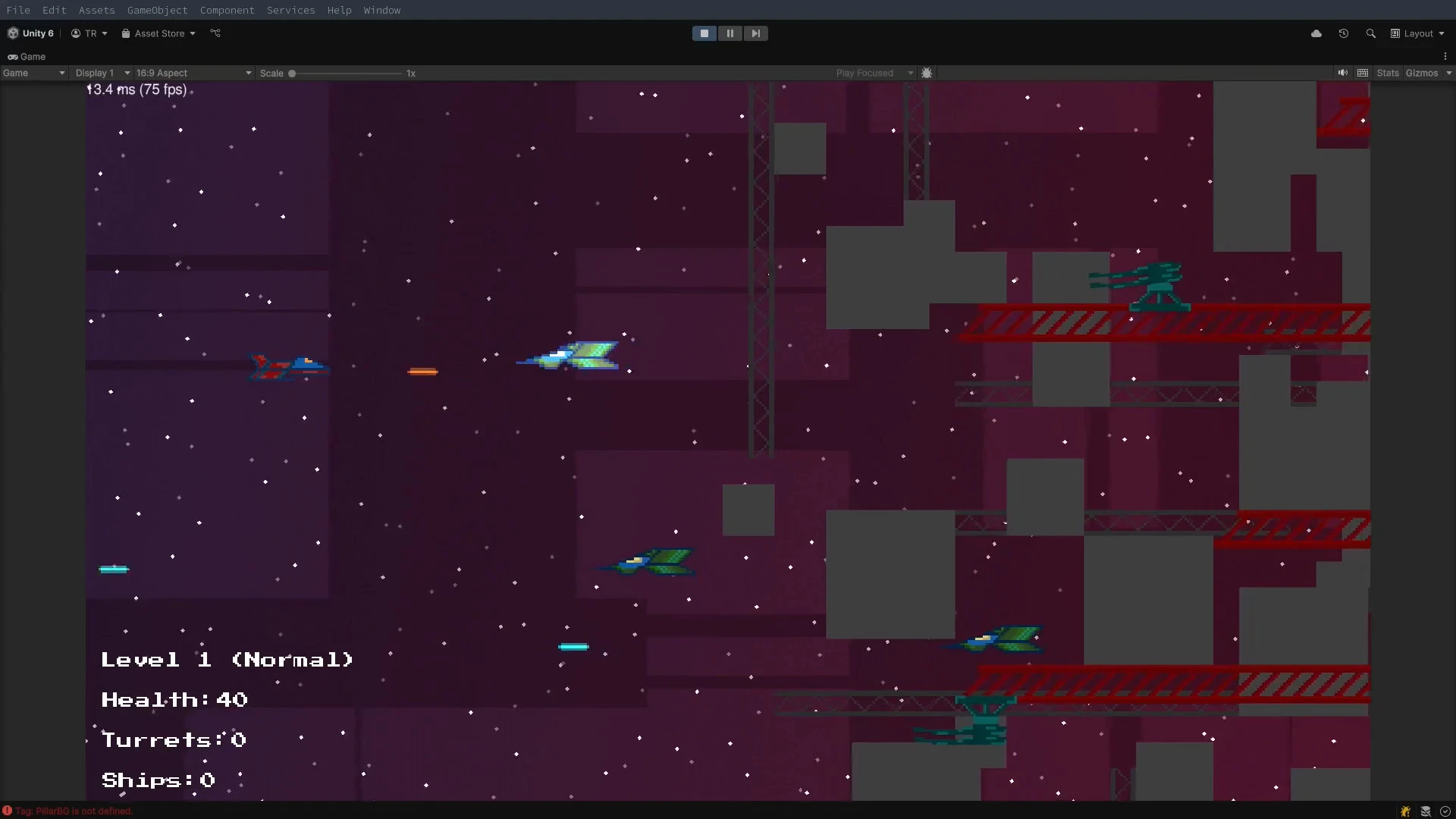 Red spaceship fighting 3 enemy ships