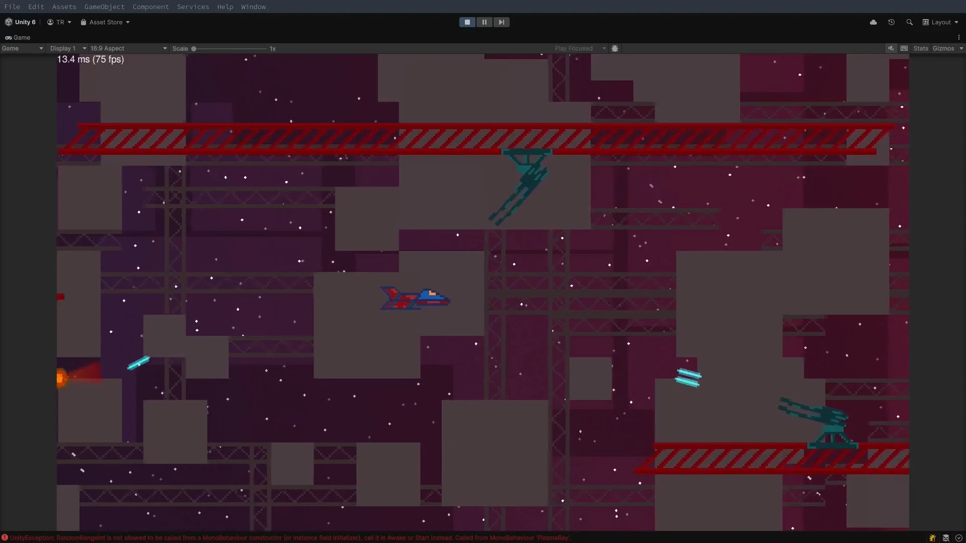 Red spaceship flying past beam-mounted turrets and avoiding their plasma bullets