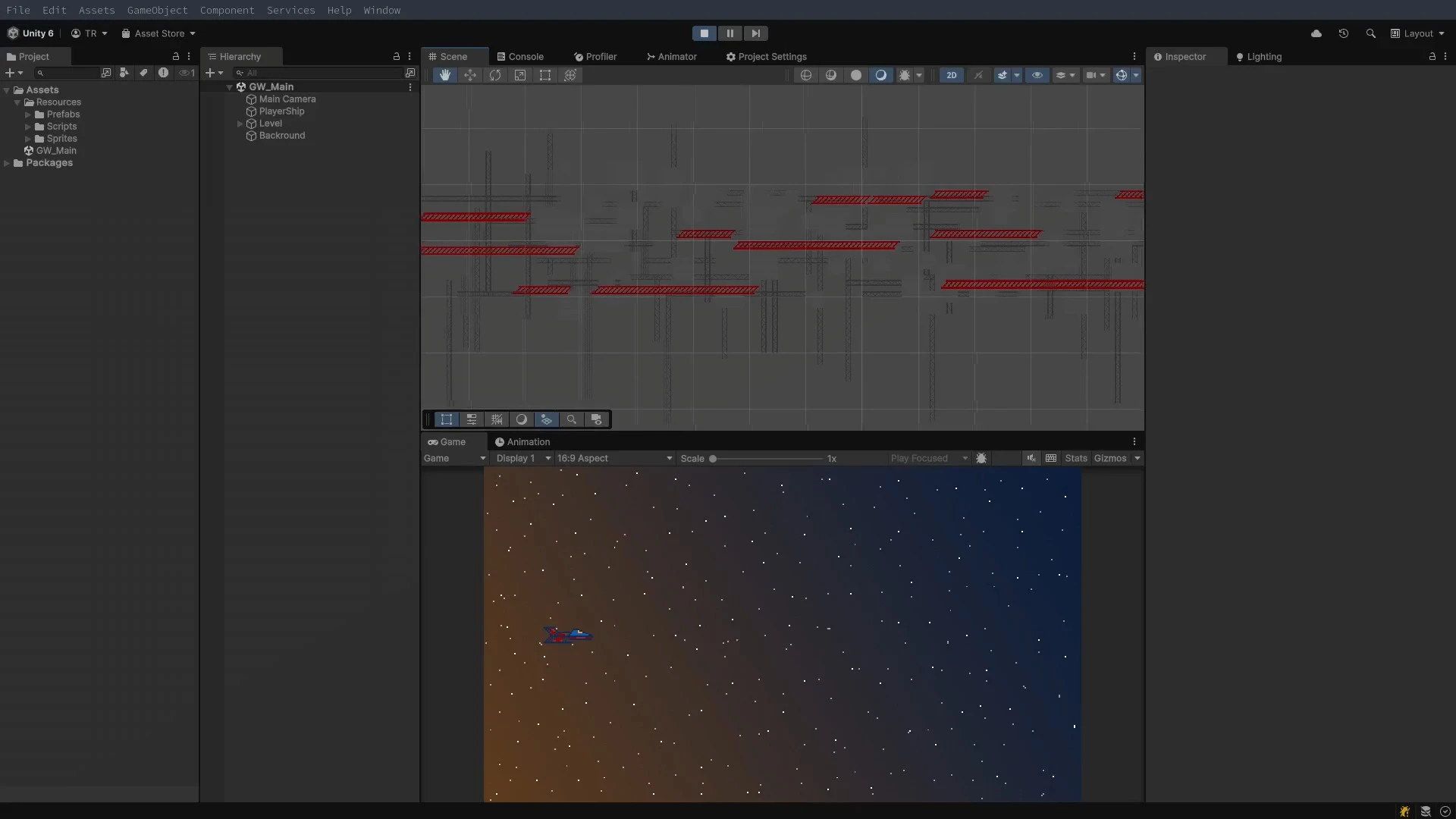 Unity editor showing running scene with systematically placed beams