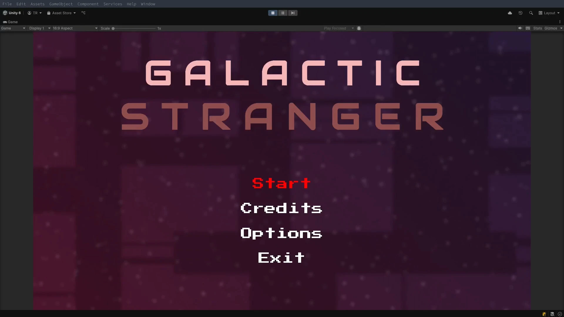 Main menu with Galactic Stranger logo, Start, Credits, Options and Exit buttons